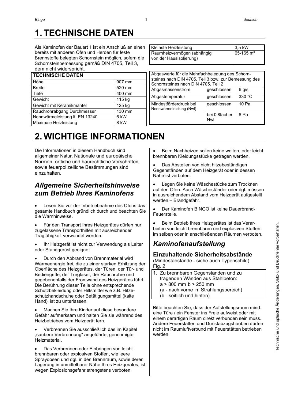 Technische daten, Wichtige informationen, Kaminofenaufstellung | Einzuhaltende sicherheitsabstände | Austroflamm Bingo User Manual | Page 3 / 16