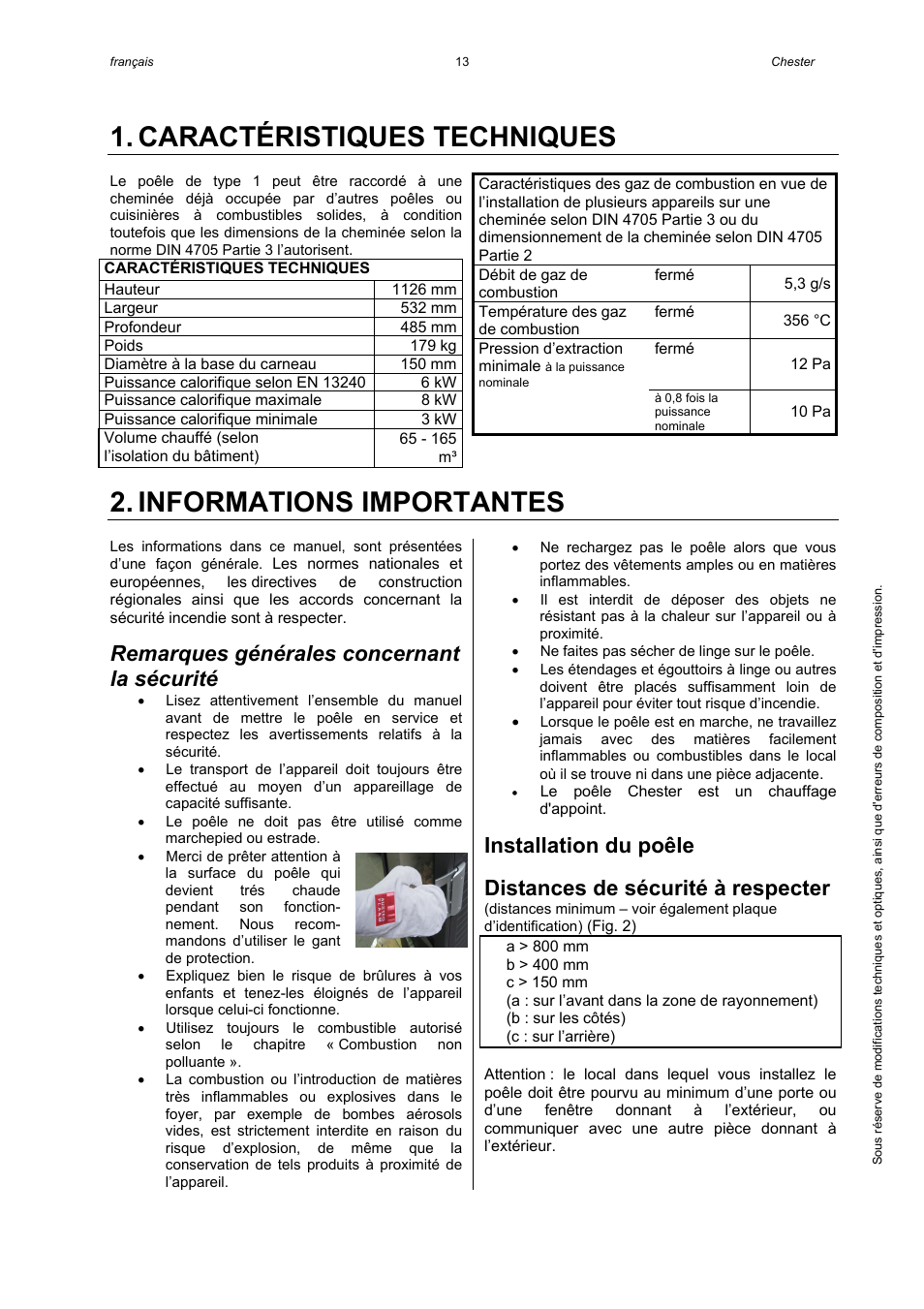 Caractéristiques techniques, Informations importantes, Remarques générales concernant la sécurité | Installation du poêle, Distances de sécurité à respecter | Austroflamm Chester User Manual | Page 15 / 20