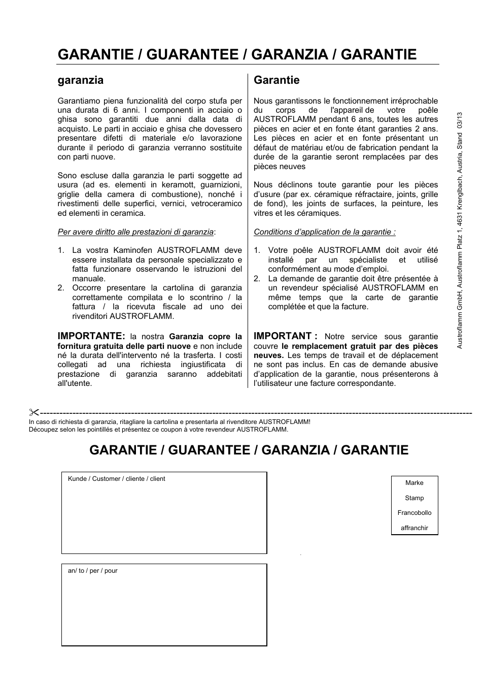 Garantie / guarantee / garanzia / garantie, Garanzia, Garantie | Austroflamm Chester User Manual | Page 20 / 20