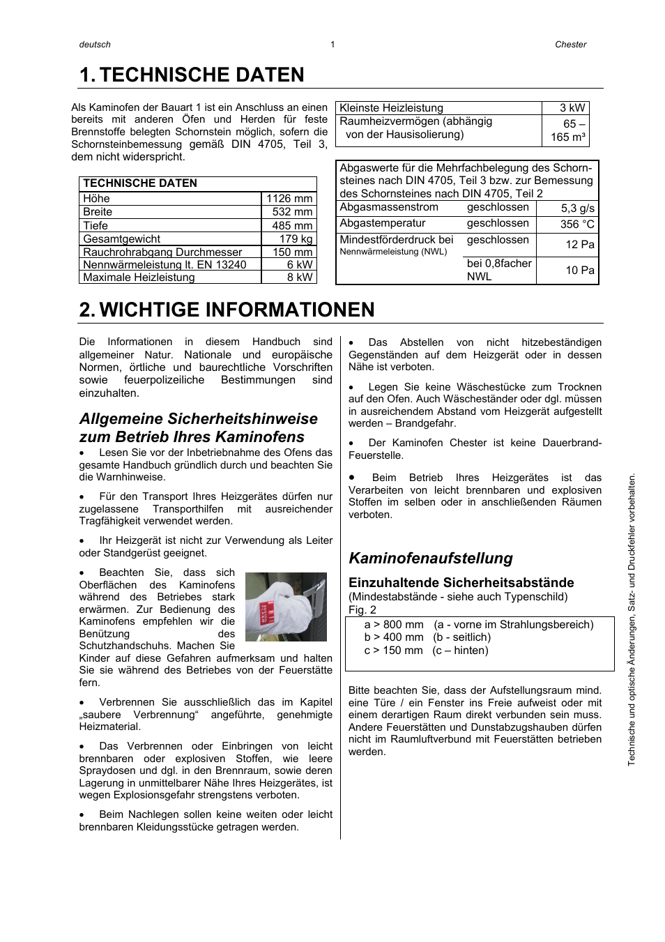 Technische daten, Wichtige informationen, Kaminofenaufstellung | Austroflamm Chester User Manual | Page 3 / 20