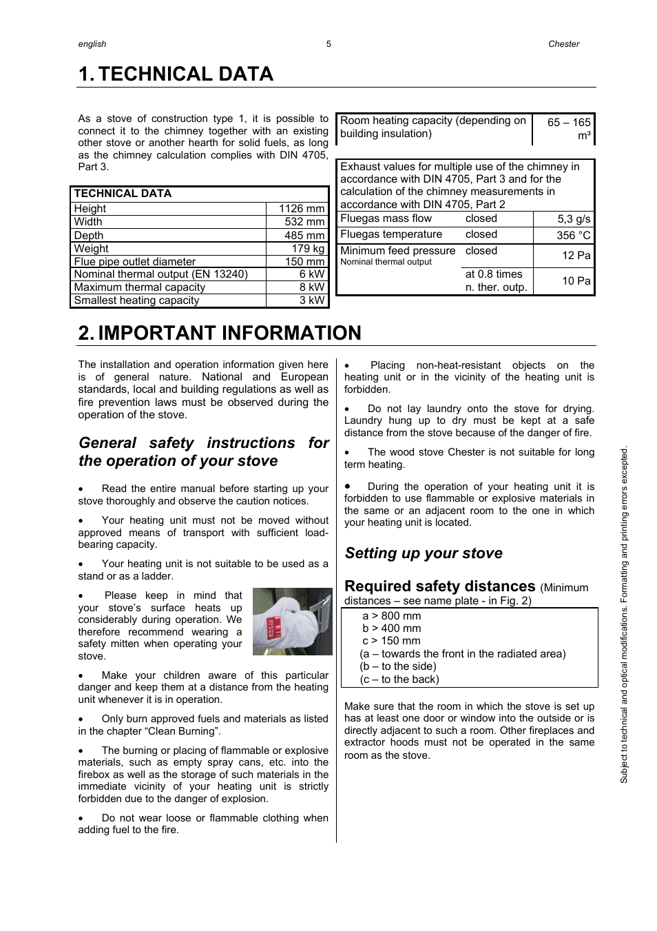 Technical data, Important information, Setting up your stove | Required safety distances | Austroflamm Chester User Manual | Page 7 / 20