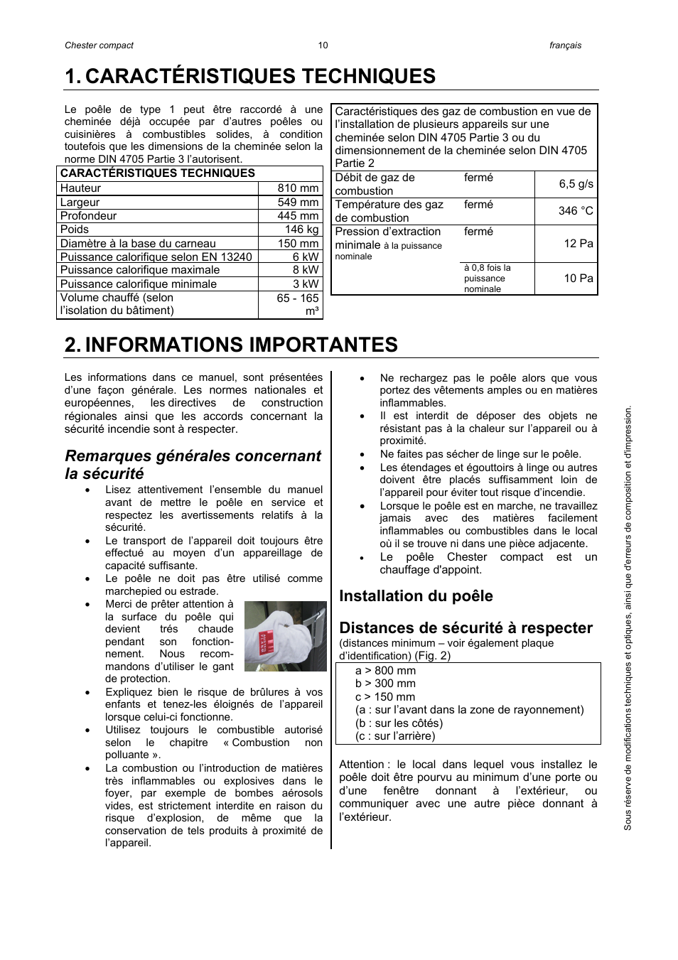 Caractéristiques techniques, Informations importantes, Remarques générales concernant la sécurité | Installation du poêle, Distances de sécurité à respecter | Austroflamm Chester compact User Manual | Page 12 / 16