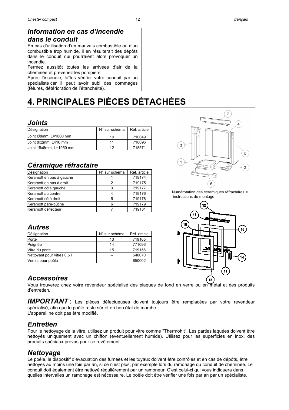 Principales pièces détachées, Information en cas d’incendie dans le conduit, Joints | Céramique réfractaire, Autres, Accessoires, Important, Entretien, Nettoyage | Austroflamm Chester compact User Manual | Page 14 / 16