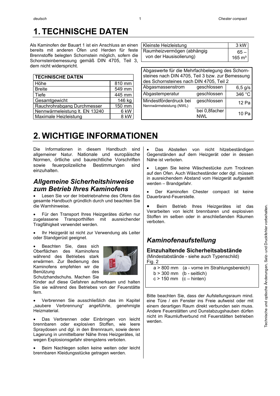 Technische daten, Wichtige informationen, Kaminofenaufstellung | Austroflamm Chester compact User Manual | Page 3 / 16