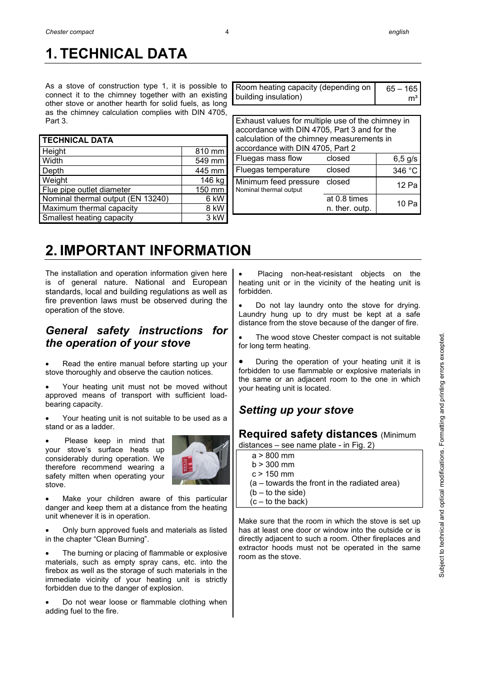 Technical data, Important information, Setting up your stove | Required safety distances | Austroflamm Chester compact User Manual | Page 6 / 16