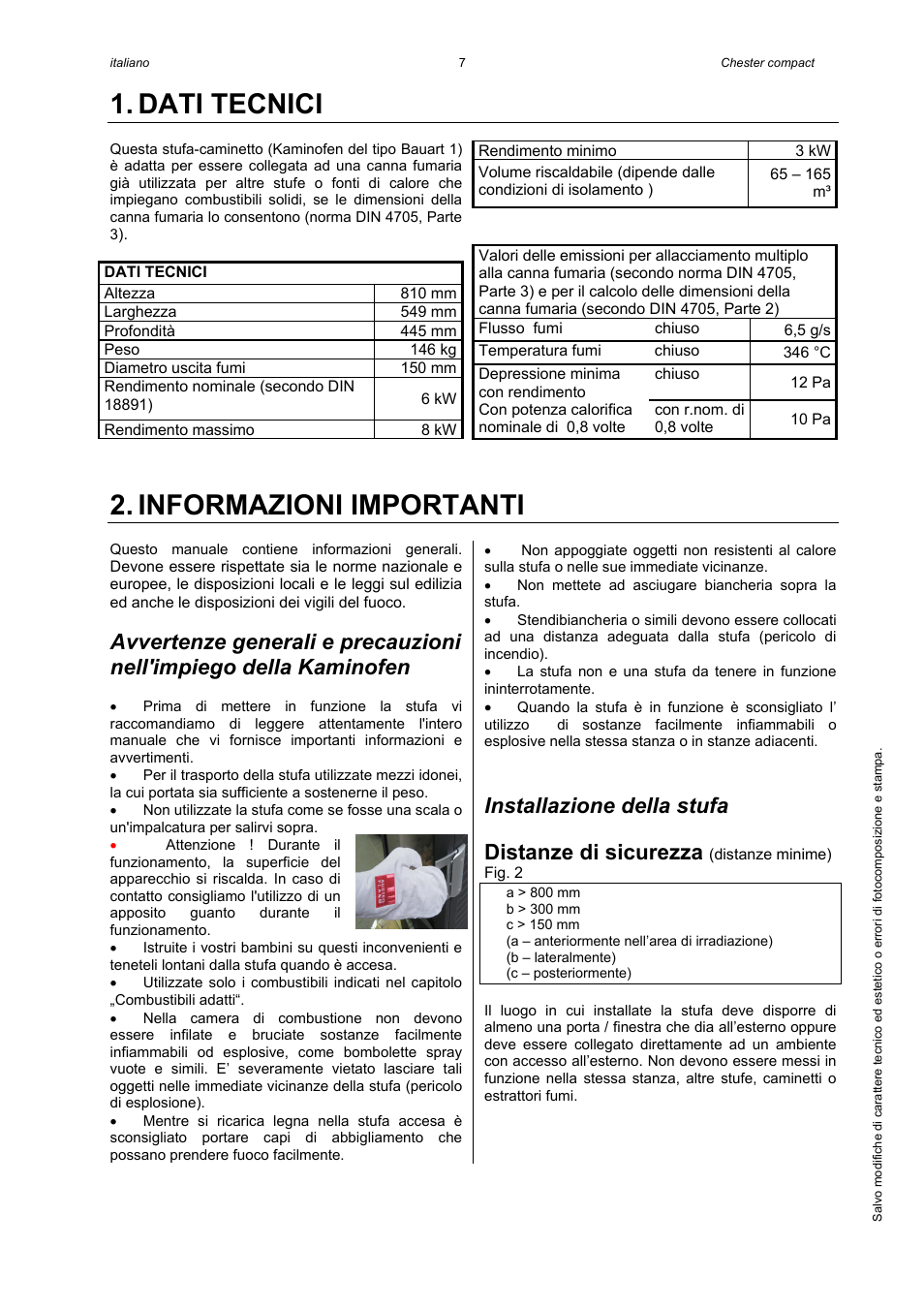 Dati tecnici, Informazioni importanti, Installazione della stufa | Distanze di sicurezza | Austroflamm Chester compact User Manual | Page 9 / 16