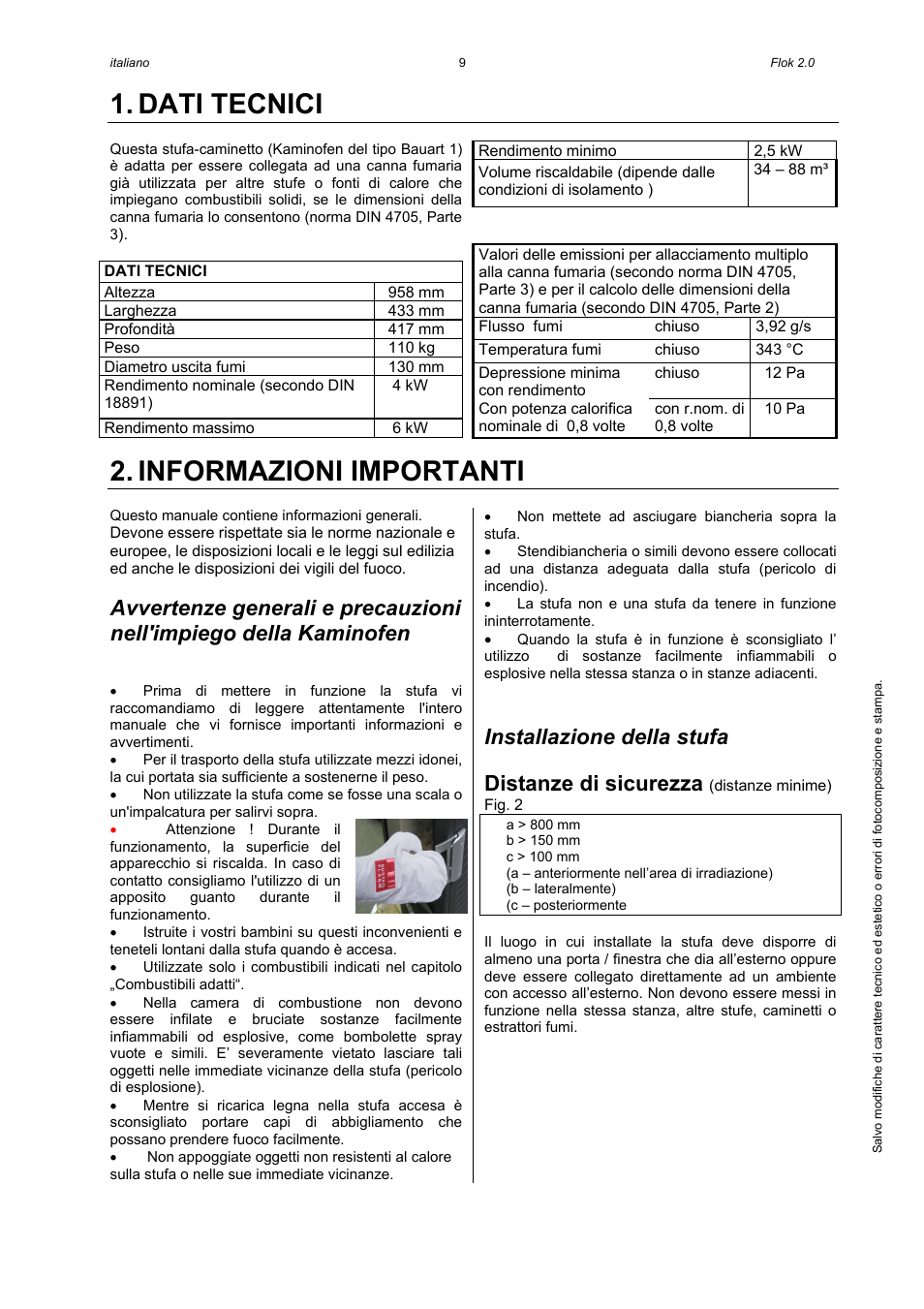 Dati tecnici, Informazioni importanti, Installazione della stufa | Distanze di sicurezza | Austroflamm Flok 2.0 User Manual | Page 11 / 20