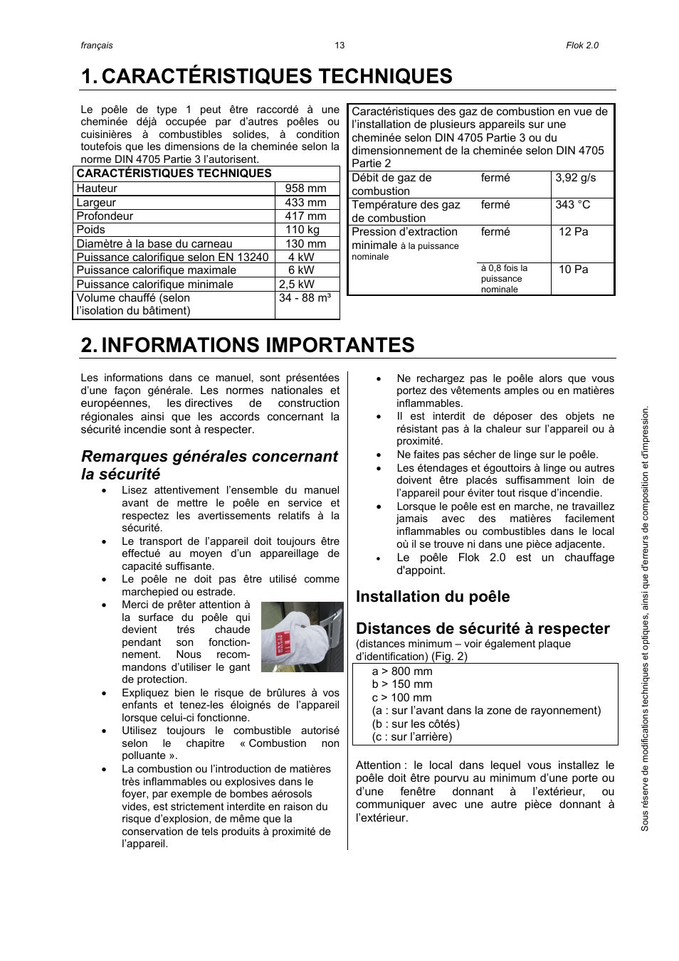 Caractéristiques techniques, Informations importantes, Remarques générales concernant la sécurité | Installation du poêle, Distances de sécurité à respecter | Austroflamm Flok 2.0 User Manual | Page 15 / 20