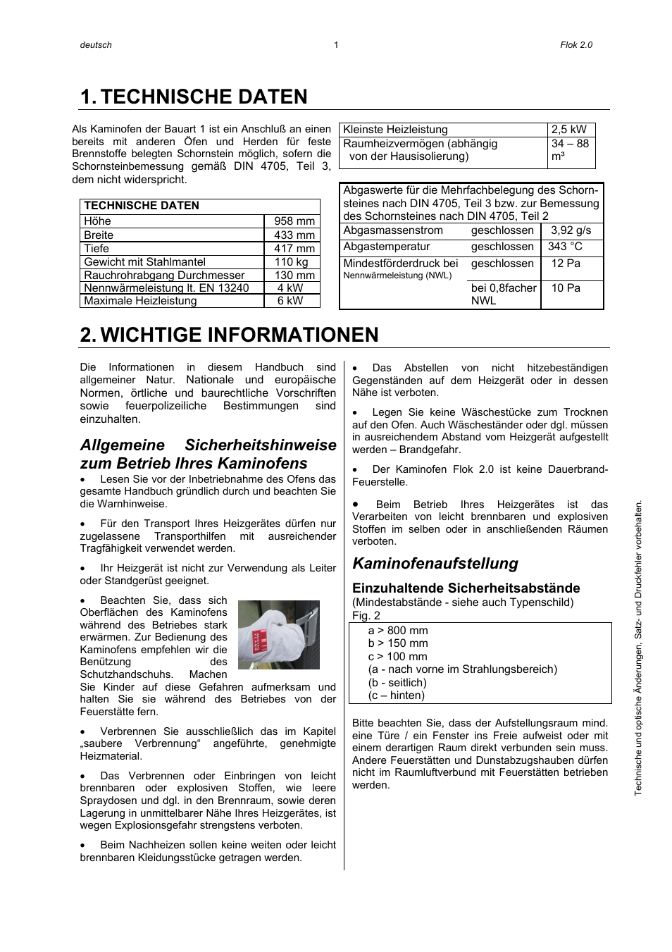 Technische daten, Wichtige informationen, Kaminofenaufstellung | Austroflamm Flok 2.0 User Manual | Page 3 / 20