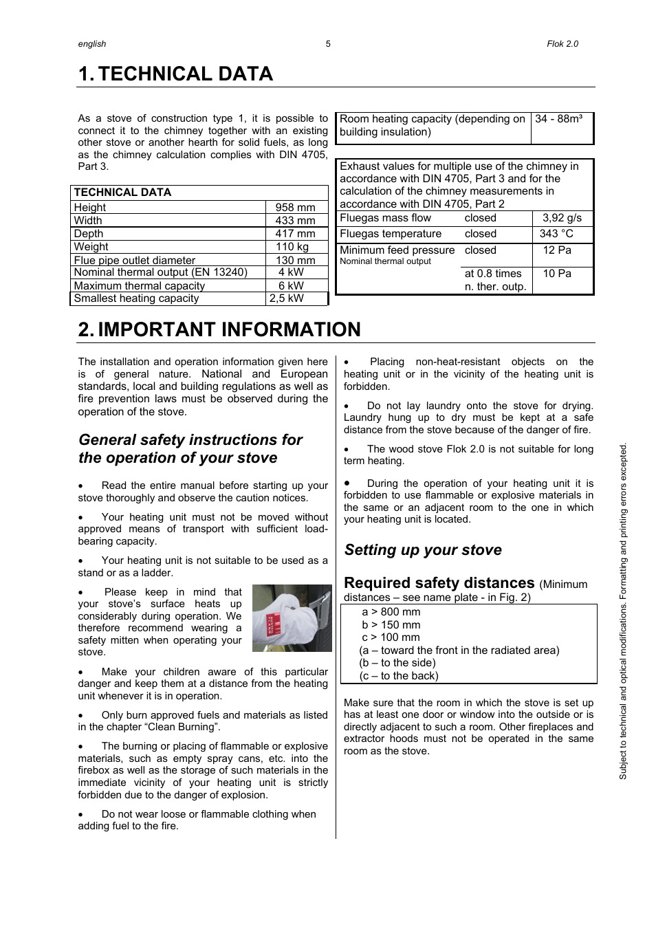 Technical data, Important information, Setting up your stove | Required safety distances | Austroflamm Flok 2.0 User Manual | Page 7 / 20