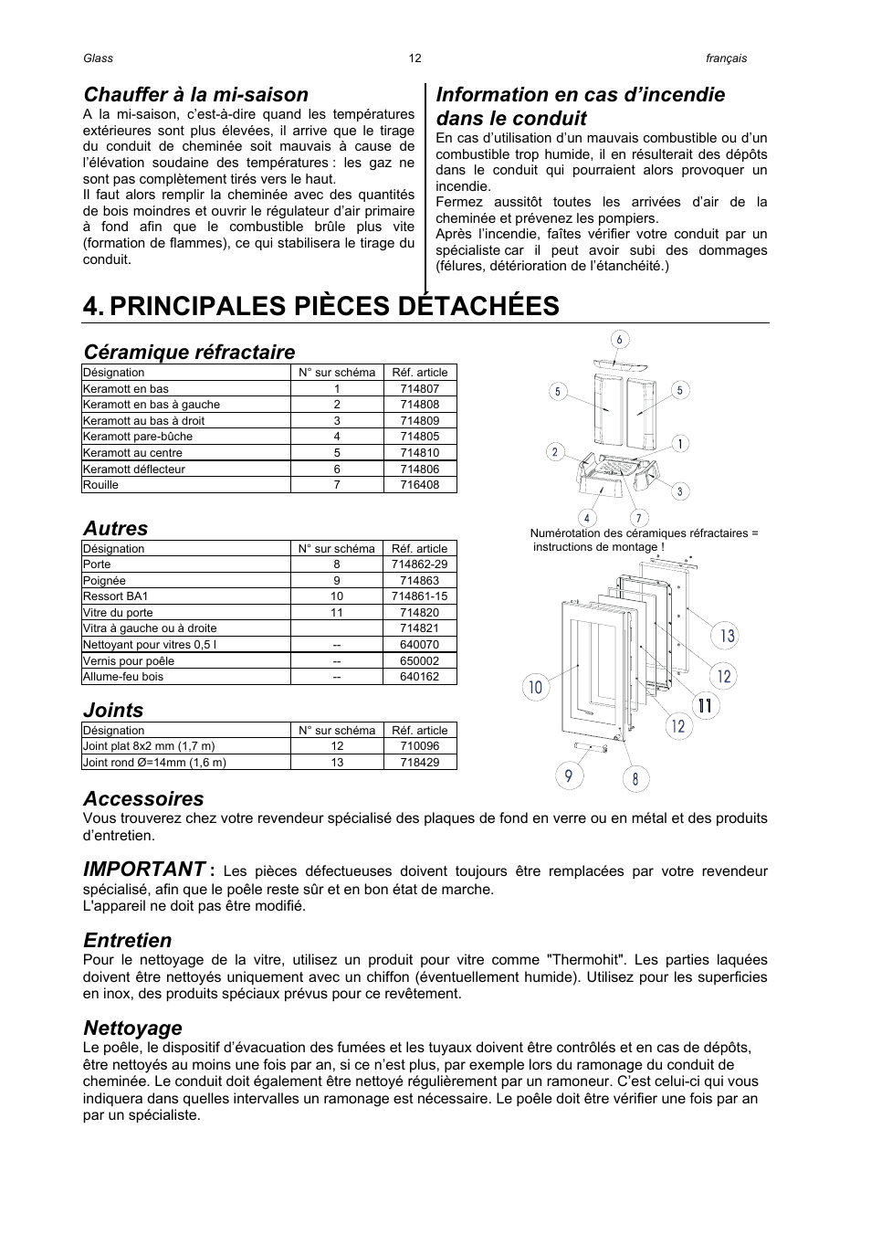 Principales pièces détachées, Chauffer à la mi-saison, Information en cas d’incendie dans le conduit | Céramique réfractaire, Autres, Joints, Accessoires, Important, Entretien, Nettoyage | Austroflamm Glass User Manual | Page 14 / 16