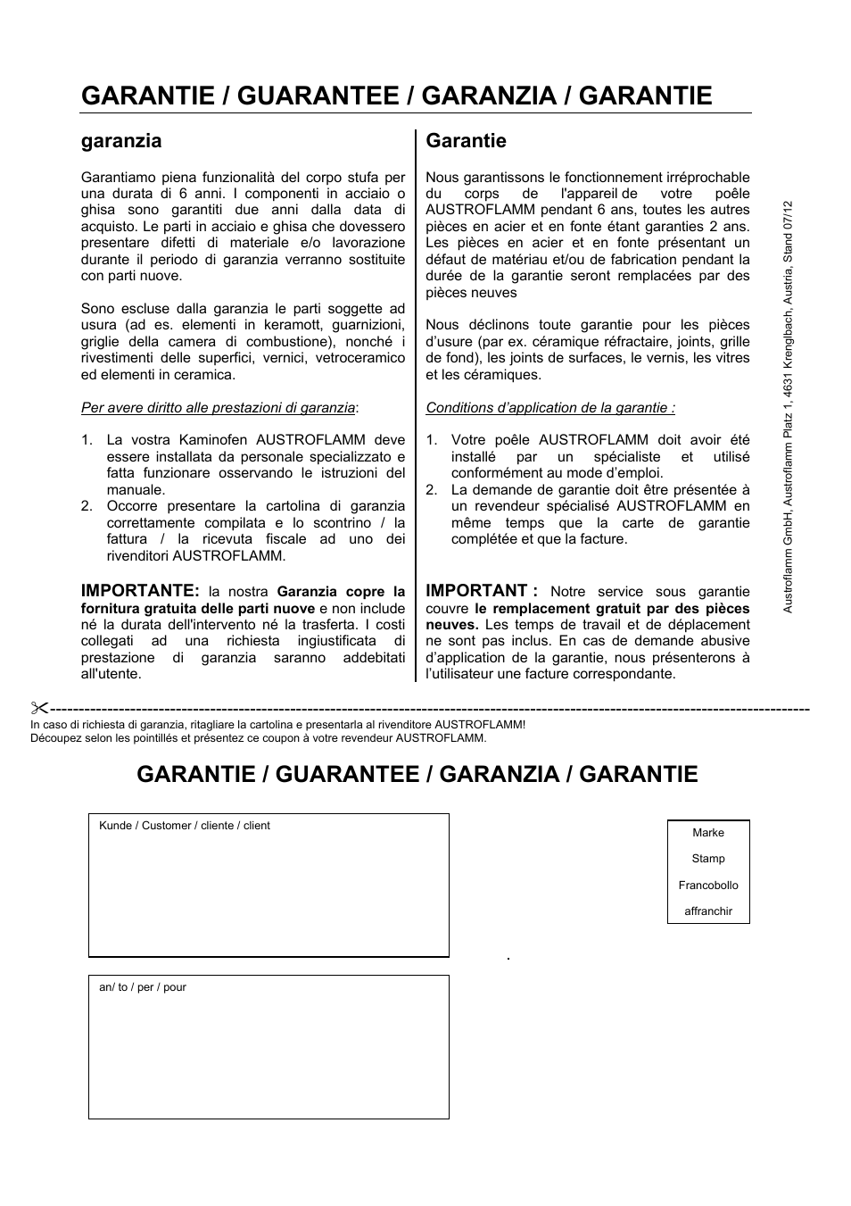 Garantie / guarantee / garanzia / garantie, Garanzia, Garantie | Austroflamm Glass User Manual | Page 16 / 16