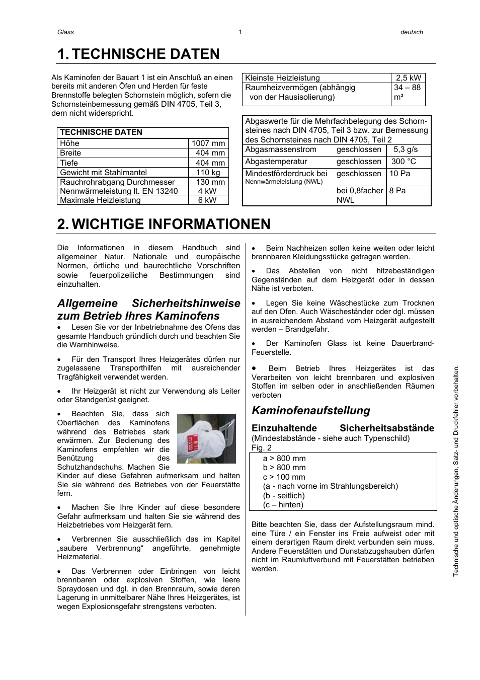 Technische daten, Wichtige informationen, Kaminofenaufstellung | Austroflamm Glass User Manual | Page 3 / 16