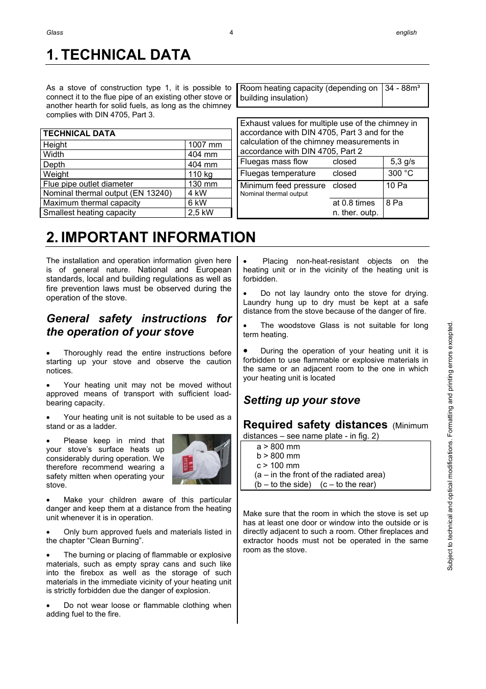 Technical data, Important information, Setting up your stove | Required safety distances | Austroflamm Glass User Manual | Page 6 / 16