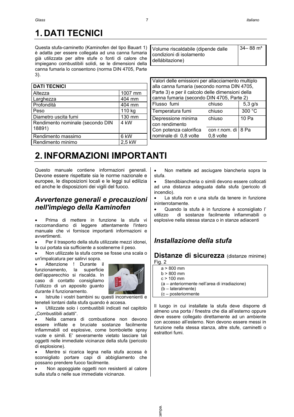 Dati tecnici, Informazioni importanti, Installazione della stufa | Distanze di sicurezza | Austroflamm Glass User Manual | Page 9 / 16