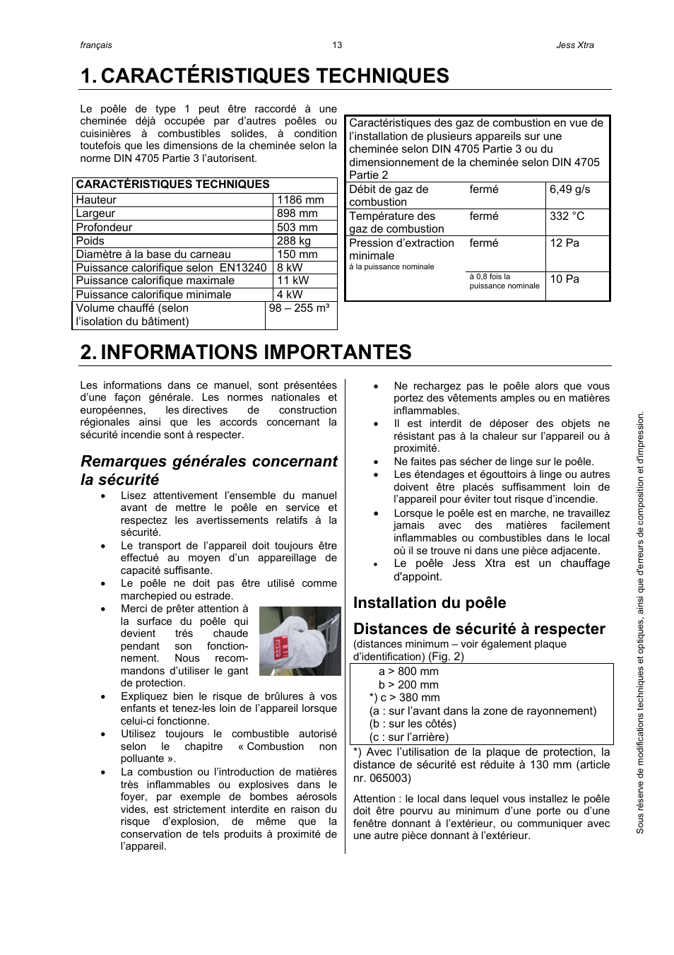 Caractéristiques techniques, Informations importantes, Remarques générales concernant la sécurité | Installation du poêle, Distances de sécurité à respecter | Austroflamm Jess Xtra User Manual | Page 15 / 20