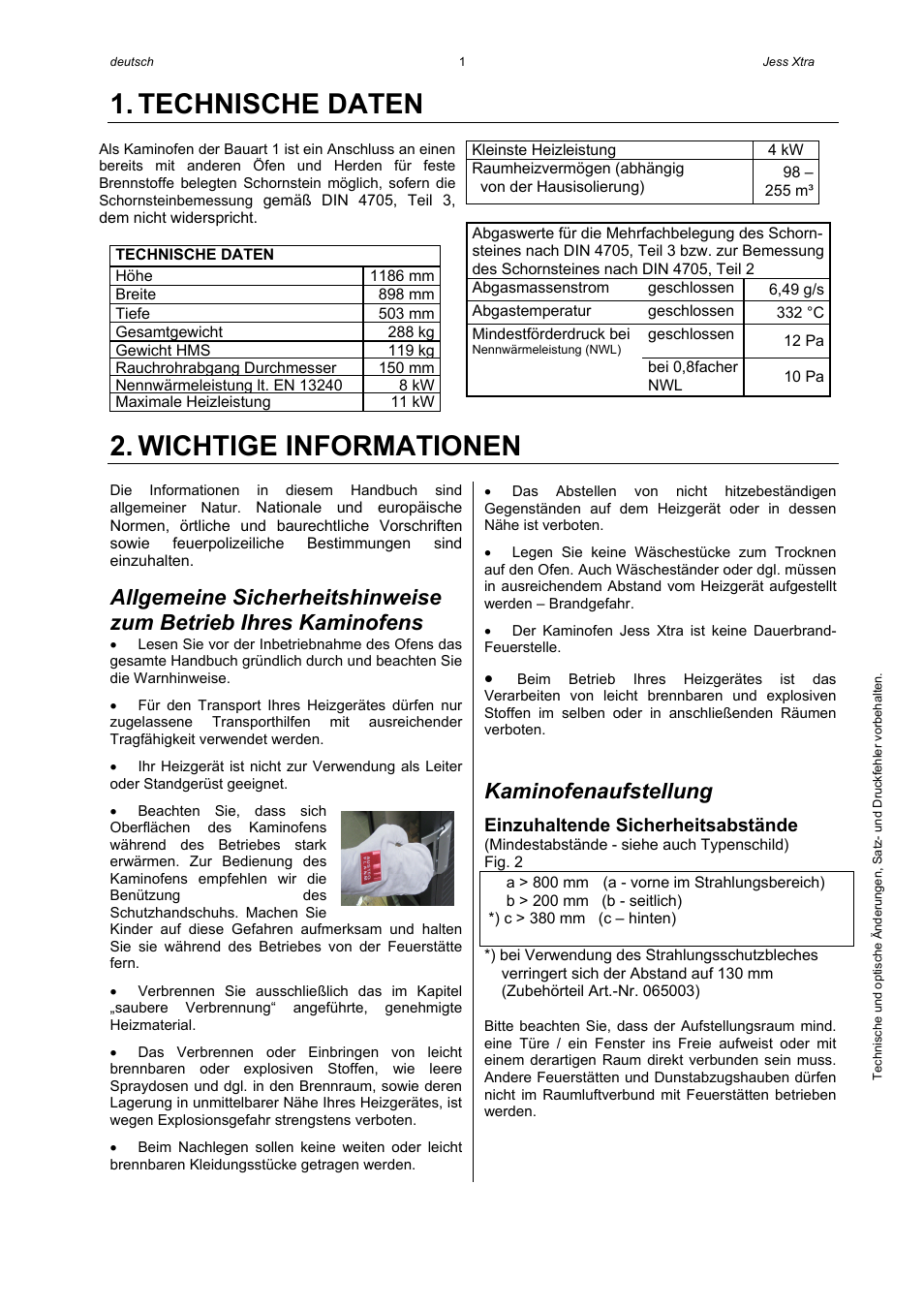Technische daten, Wichtige informationen, Kaminofenaufstellung | Austroflamm Jess Xtra User Manual | Page 3 / 20