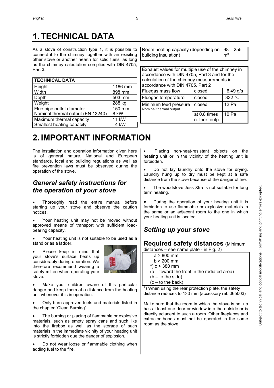 Technical data, Important information, Setting up your stove | Required safety distances | Austroflamm Jess Xtra User Manual | Page 7 / 20