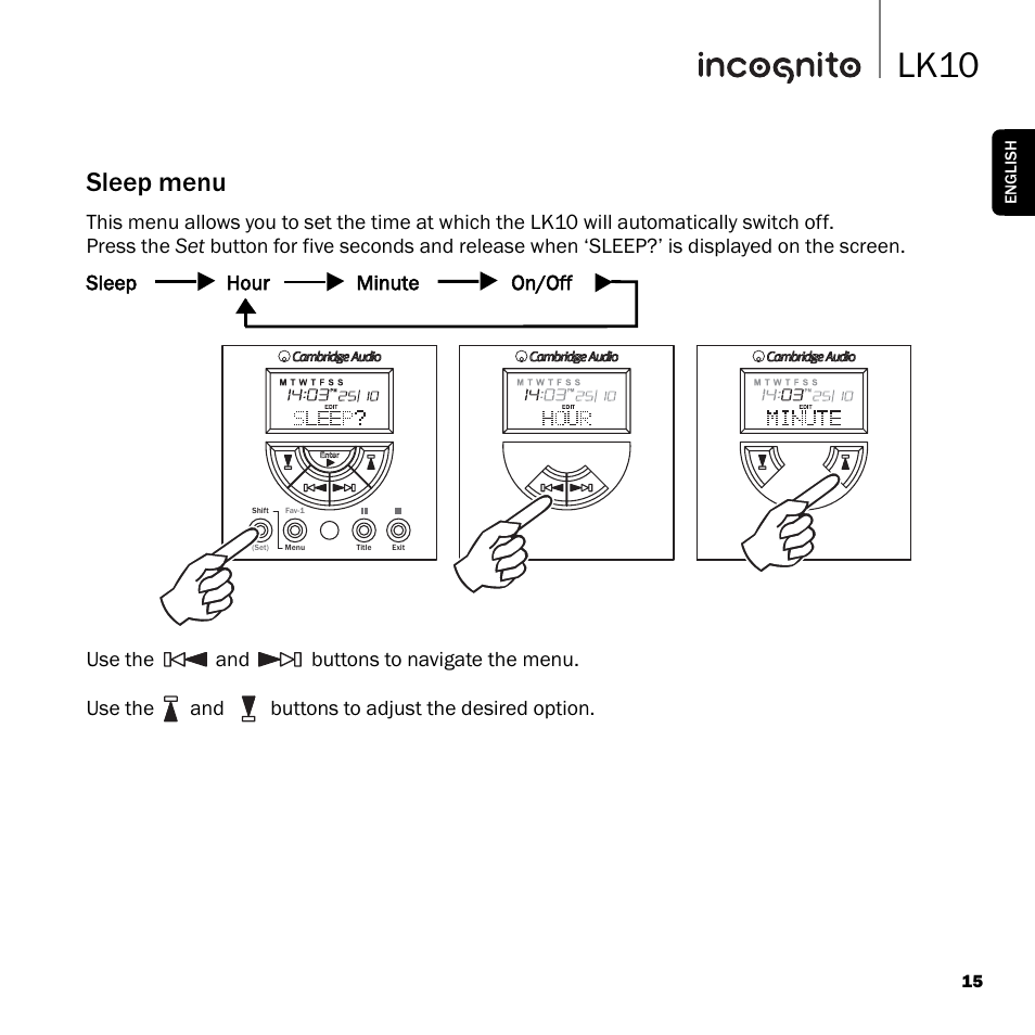 Lk10, Sleep menu | Cambridge Audio INCOGNITO LK10 User Manual | Page 15 / 20
