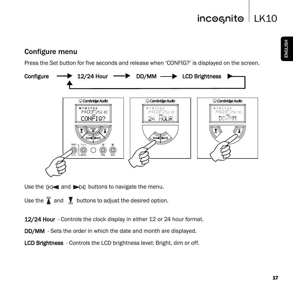 Lk10, Configure menu | Cambridge Audio INCOGNITO LK10 User Manual | Page 17 / 20