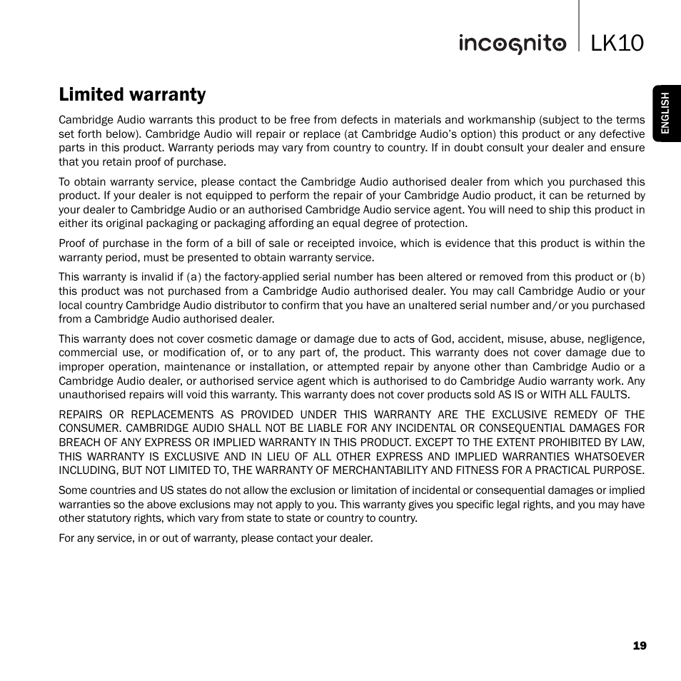 Lk10, Limited warranty | Cambridge Audio INCOGNITO LK10 User Manual | Page 19 / 20