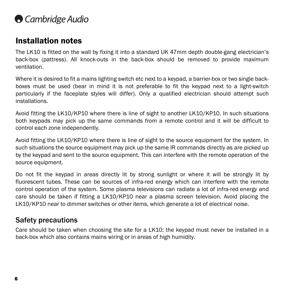 Safety precautions | Cambridge Audio INCOGNITO LK10 User Manual | Page 6 / 20