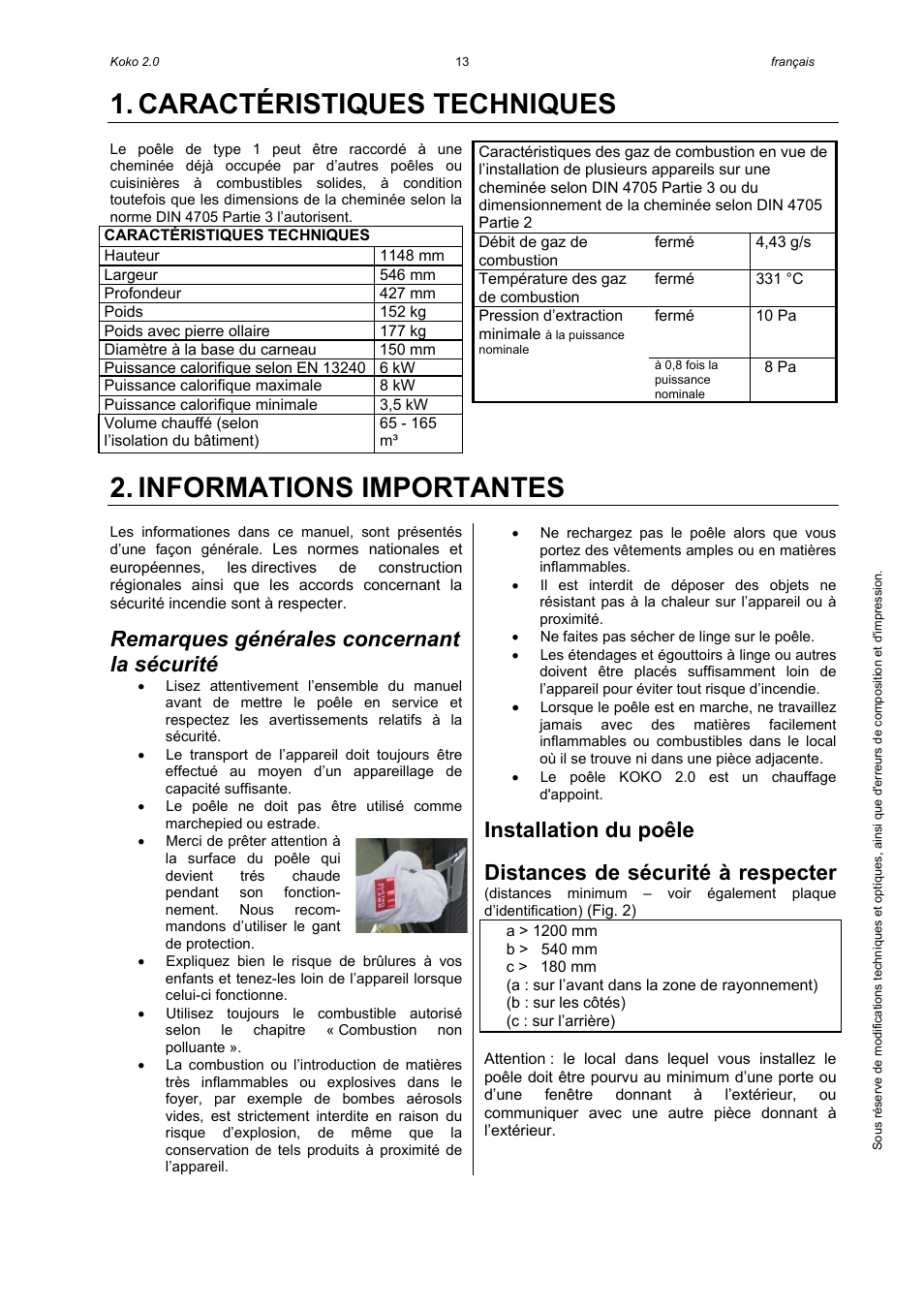 Caractéristiques techniques, Informations importantes, Remarques générales concernant la sécurité | Installation du poêle, Distances de sécurité à respecter | Austroflamm Koko 2.0 User Manual | Page 15 / 20
