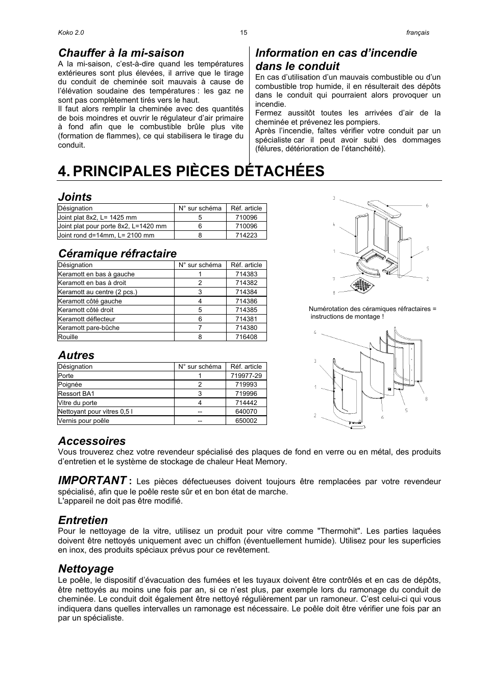 Principales pièces détachées, Chauffer à la mi-saison, Information en cas d’incendie dans le conduit | Joints, Céramique réfractaire, Autres, Accessoires, Important, Entretien, Nettoyage | Austroflamm Koko 2.0 User Manual | Page 17 / 20