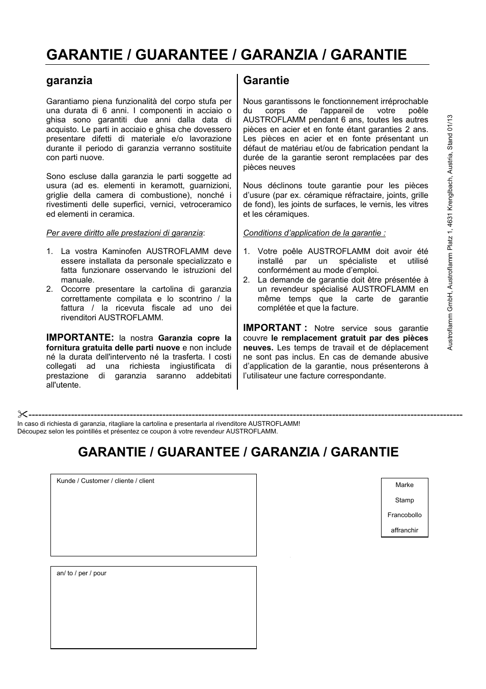 Garantie / guarantee / garanzia / garantie, Garanzia, Garantie | Austroflamm Koko 2.0 User Manual | Page 20 / 20