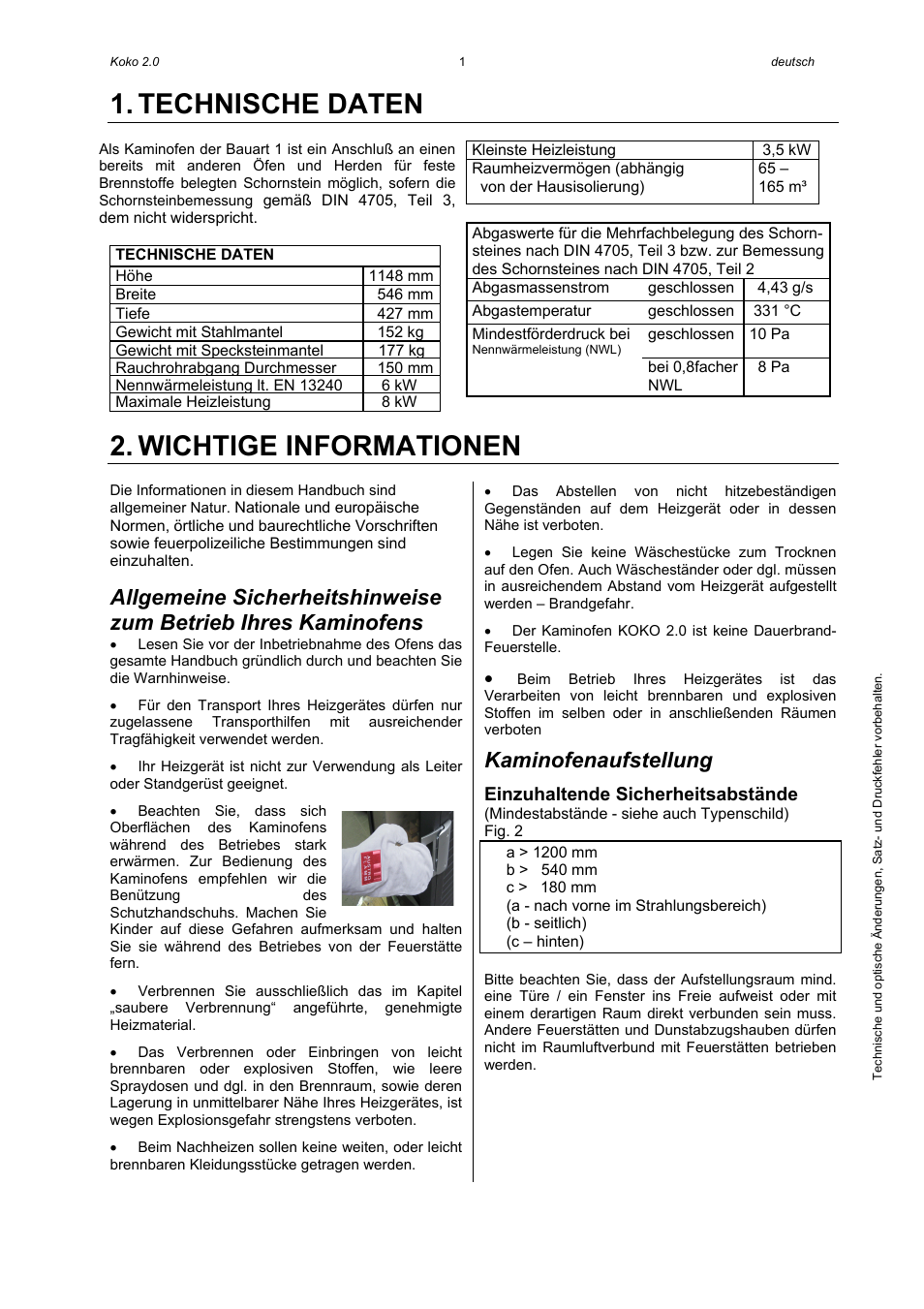 Technische daten, Wichtige informationen, Kaminofenaufstellung | Austroflamm Koko 2.0 User Manual | Page 3 / 20
