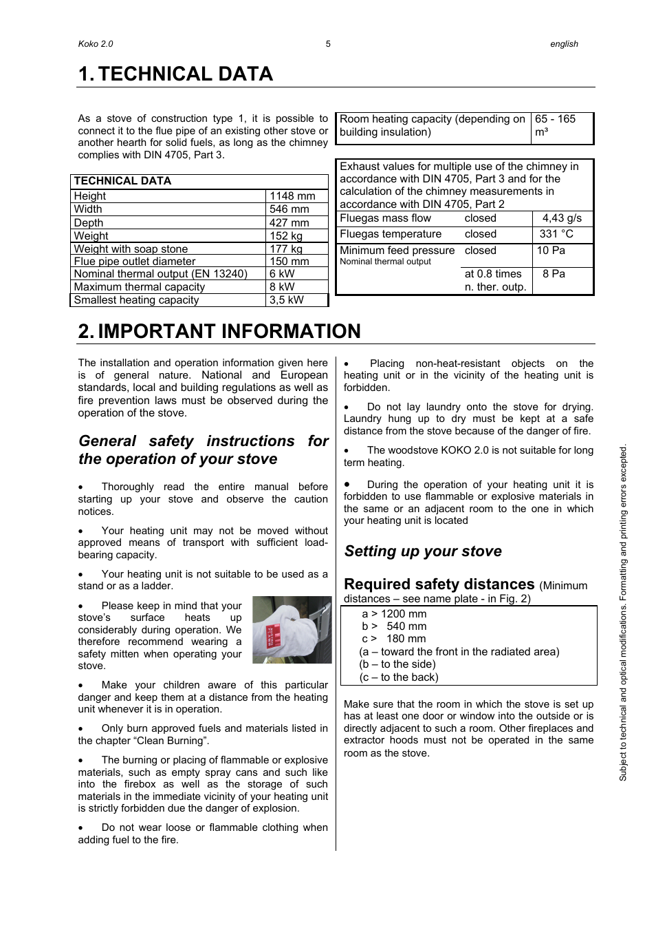 Technical data, Important information, Setting up your stove | Required safety distances | Austroflamm Koko 2.0 User Manual | Page 7 / 20