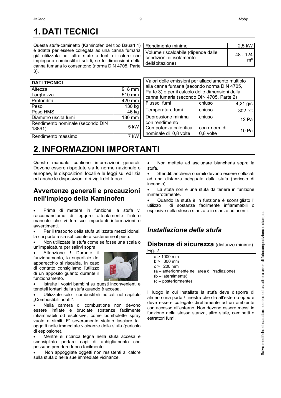Dati tecnici, Informazioni importanti, Installazione della stufa | Distanze di sicurezza | Austroflamm Moby User Manual | Page 11 / 20