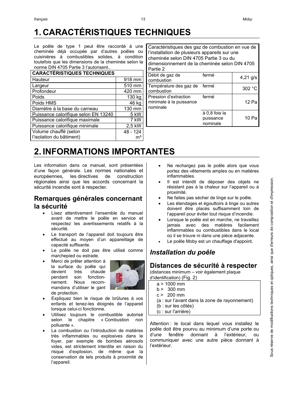 Caractéristiques techniques, Informations importantes, Remarques générales concernant la sécurité | Installation du poêle, Distances de sécurité à respecter | Austroflamm Moby User Manual | Page 15 / 20