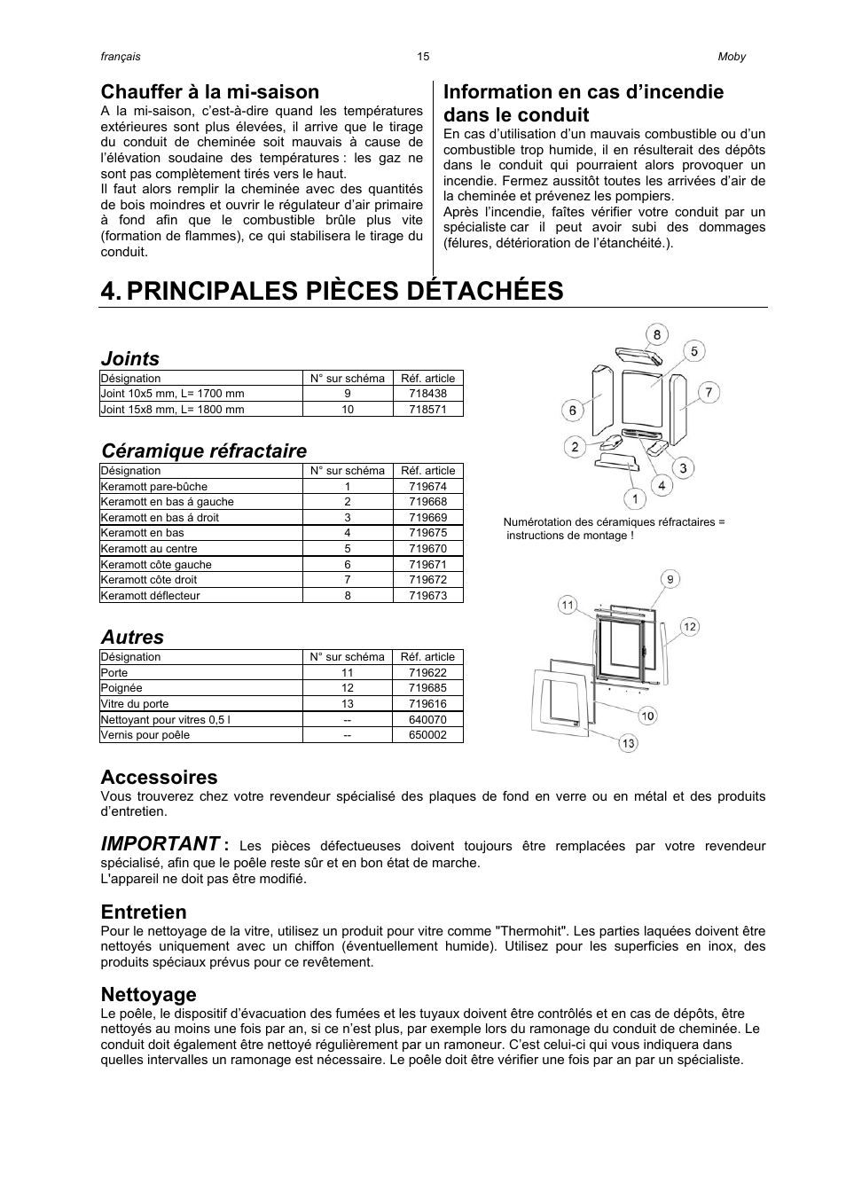 Principales pièces détachées, Chauffer à la mi-saison, Information en cas d’incendie dans le conduit | Joints, Céramique réfractaire, Autres, Accessoires, Important, Entretien, Nettoyage | Austroflamm Moby User Manual | Page 17 / 20