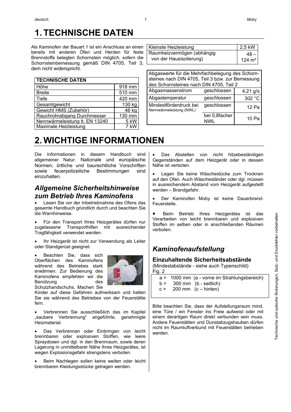 Technische daten, Wichtige informationen, Kaminofenaufstellung | Austroflamm Moby User Manual | Page 3 / 20
