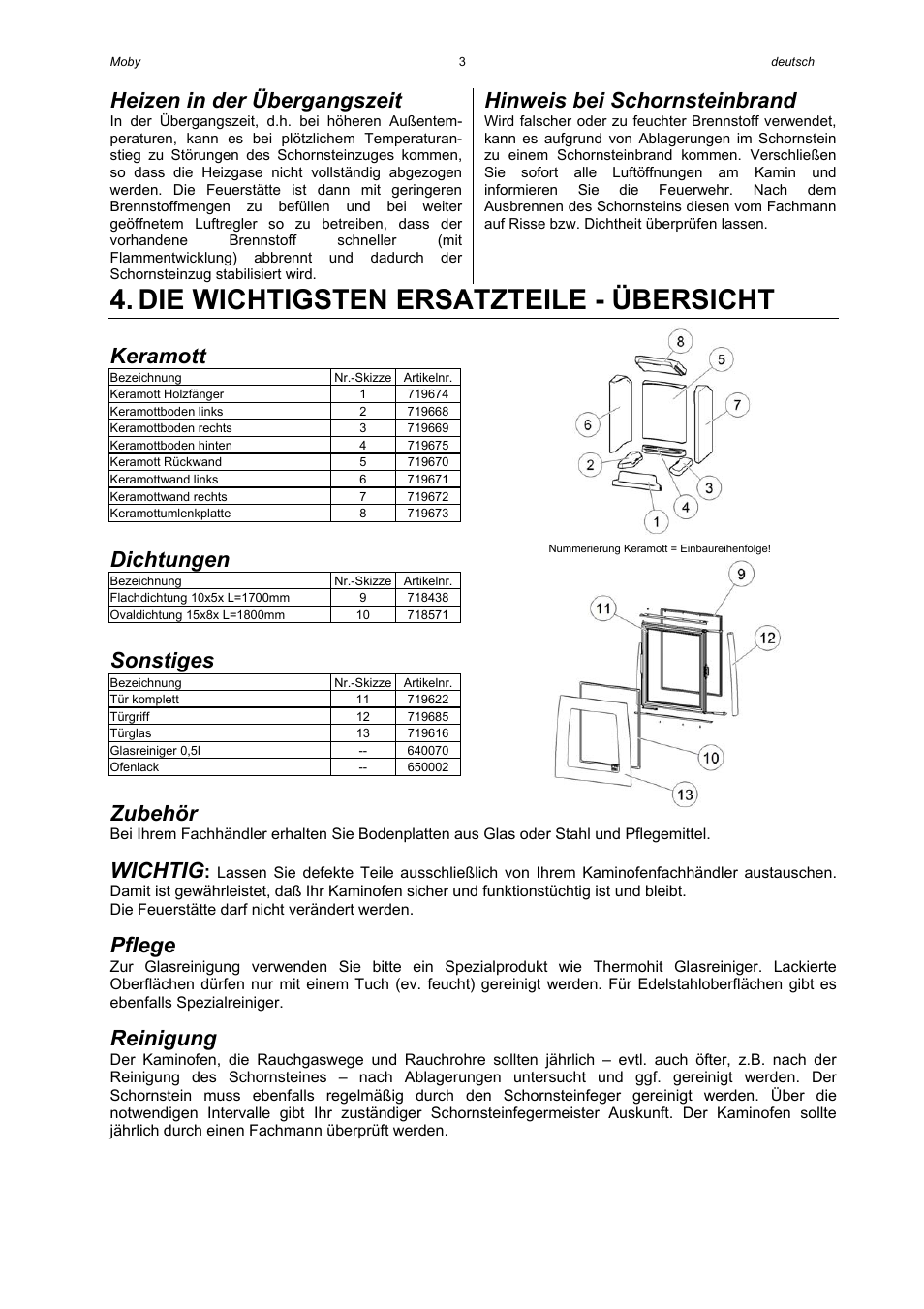 Die wichtigsten ersatzteile - übersicht, Heizen in der übergangszeit, Hinweis bei schornsteinbrand | Keramott, Dichtungen, Sonstiges, Zubehör, Wichtig, Pflege, Reinigung | Austroflamm Moby User Manual | Page 5 / 20