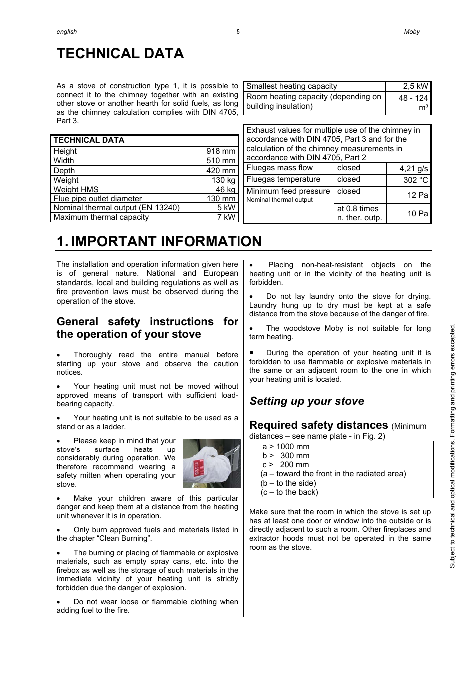 Technical data, Important information, Setting up your stove | Required safety distances | Austroflamm Moby User Manual | Page 7 / 20