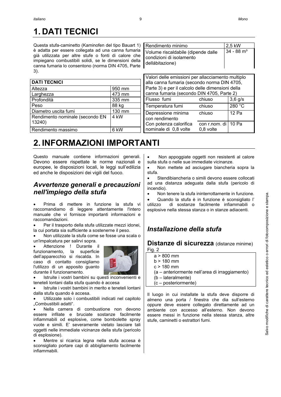 Dati tecnici, Informazioni importanti, Installazione della stufa | Distanze di sicurezza | Austroflamm Mono User Manual | Page 11 / 20