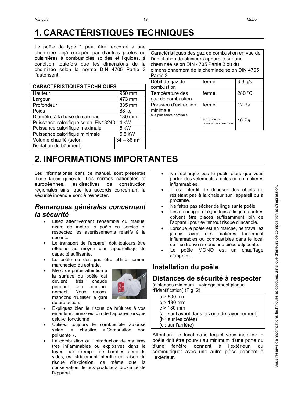 Caractéristiques techniques, Informations importantes, Remarques générales concernant la sécurité | Installation du poêle, Distances de sécurité à respecter | Austroflamm Mono User Manual | Page 15 / 20