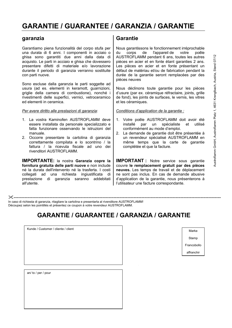 Garantie / guarantee / garanzia / garantie, Garanzia, Garantie | Austroflamm Mono User Manual | Page 20 / 20