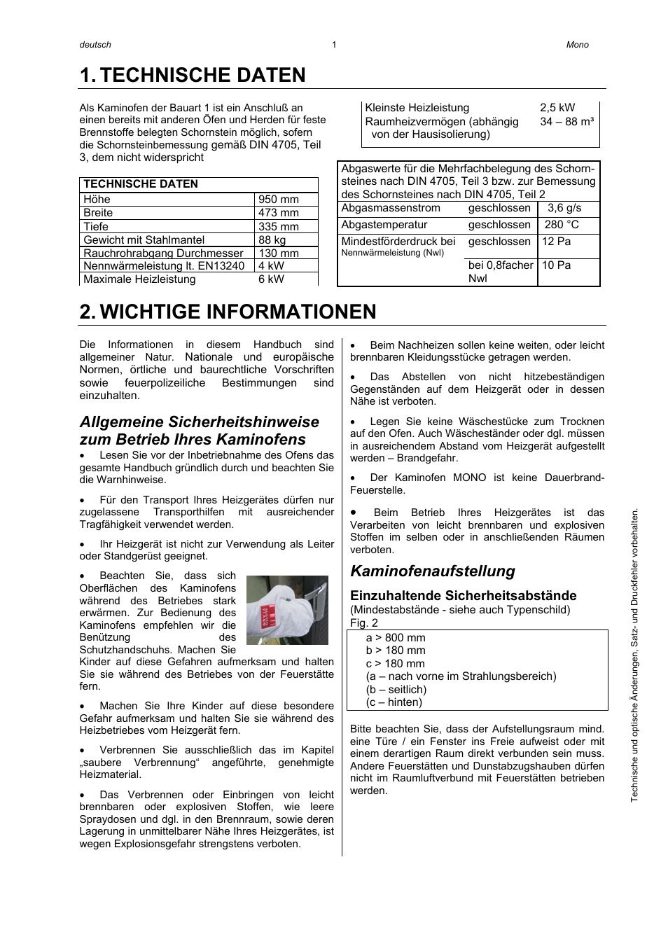 Technische daten, Wichtige informationen, Kaminofenaufstellung | Austroflamm Mono User Manual | Page 3 / 20