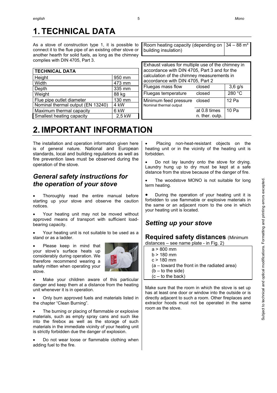 Technical data, Important information, Setting up your stove | Required safety distances | Austroflamm Mono User Manual | Page 7 / 20