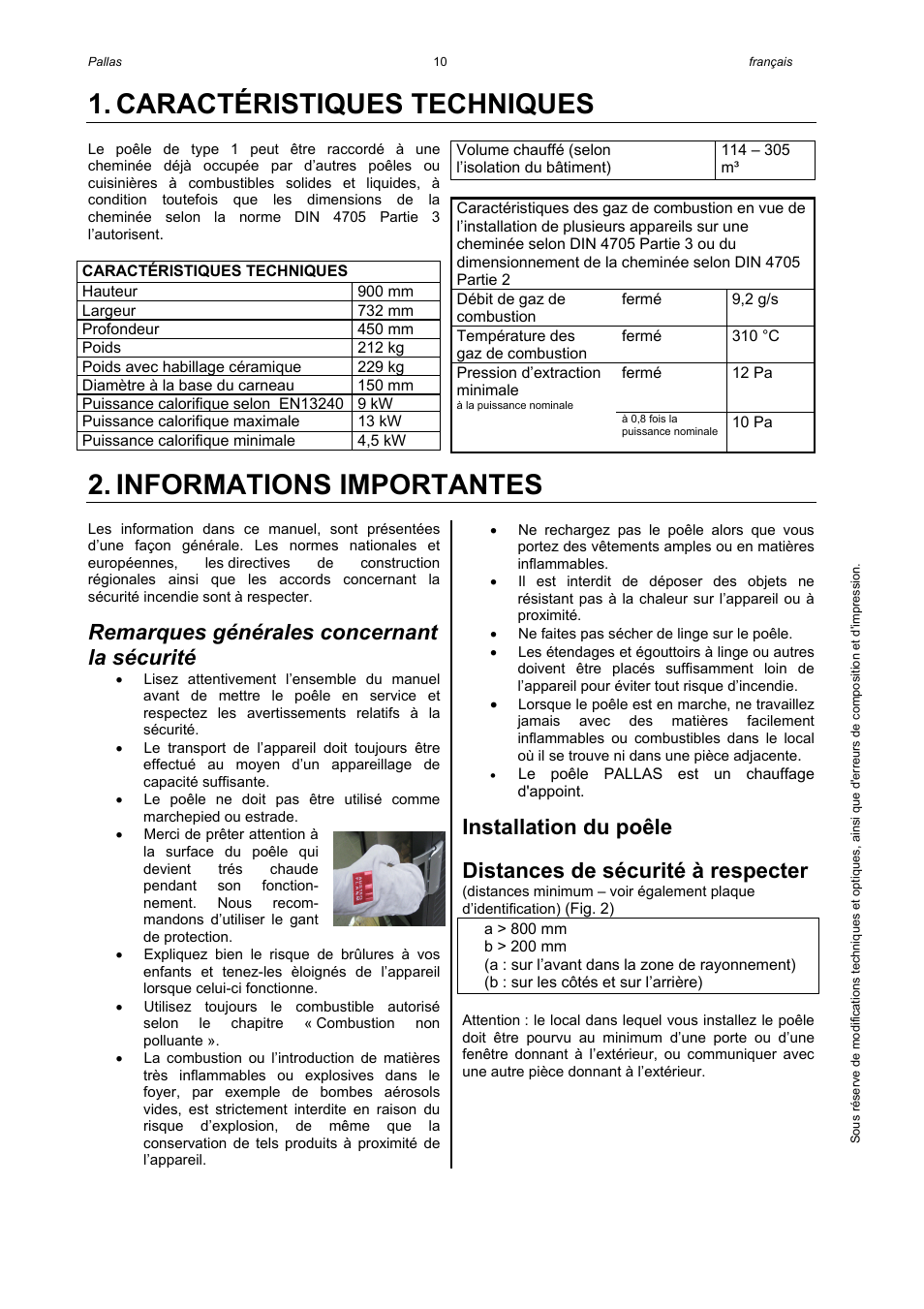 Caractéristiques techniques, Informations importantes, Remarques générales concernant la sécurité | Installation du poêle, Distances de sécurité à respecter | Austroflamm Pallas User Manual | Page 12 / 16