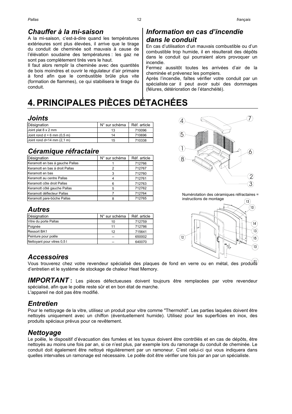 Principales pièces détachées, Chauffer à la mi-saison, Information en cas d’incendie dans le conduit | Joints, Céramique réfractaire, Autres, Accessoires, Important, Entretien, Nettoyage | Austroflamm Pallas User Manual | Page 14 / 16