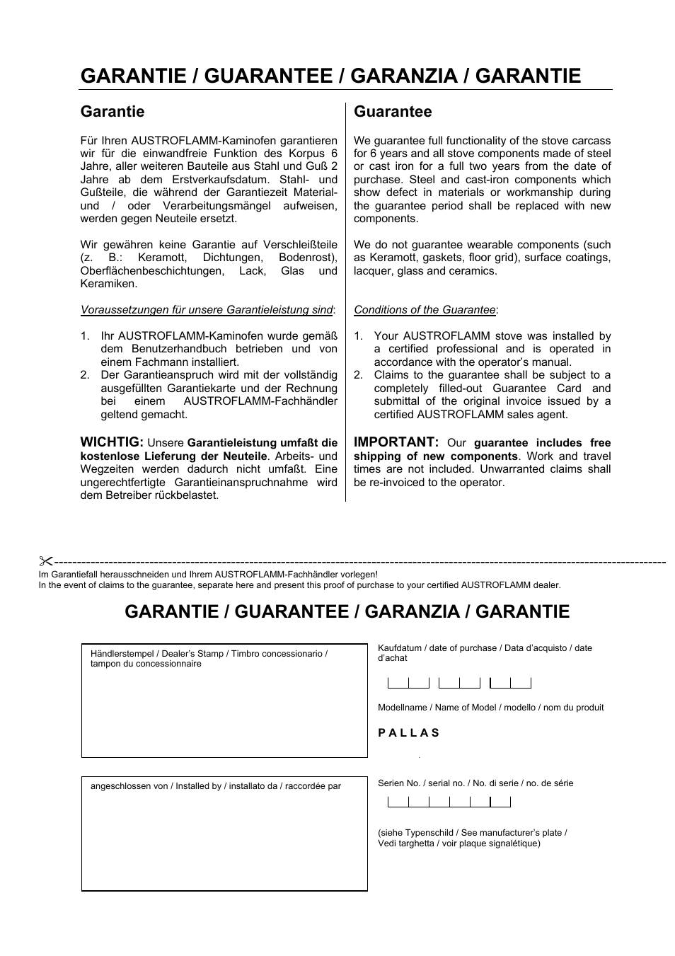 Garantie / guarantee / garanzia / garantie, Garantie, Guarantee | Austroflamm Pallas User Manual | Page 15 / 16