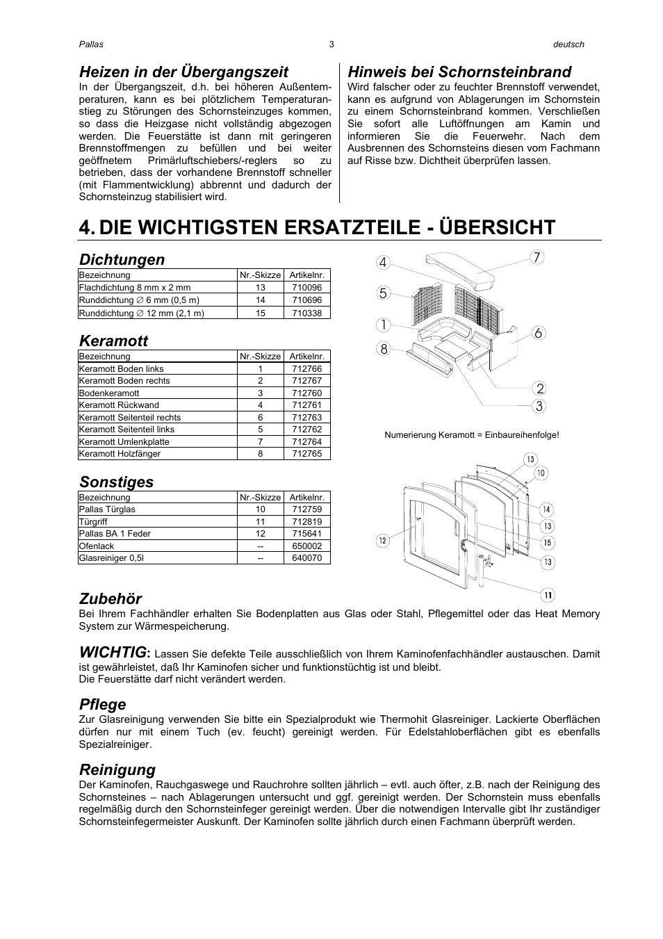 Die wichtigsten ersatzteile - übersicht, Heizen in der übergangszeit, Hinweis bei schornsteinbrand | Dichtungen, Keramott, Sonstiges, Zubehör, Wichtig, Pflege, Reinigung | Austroflamm Pallas User Manual | Page 5 / 16