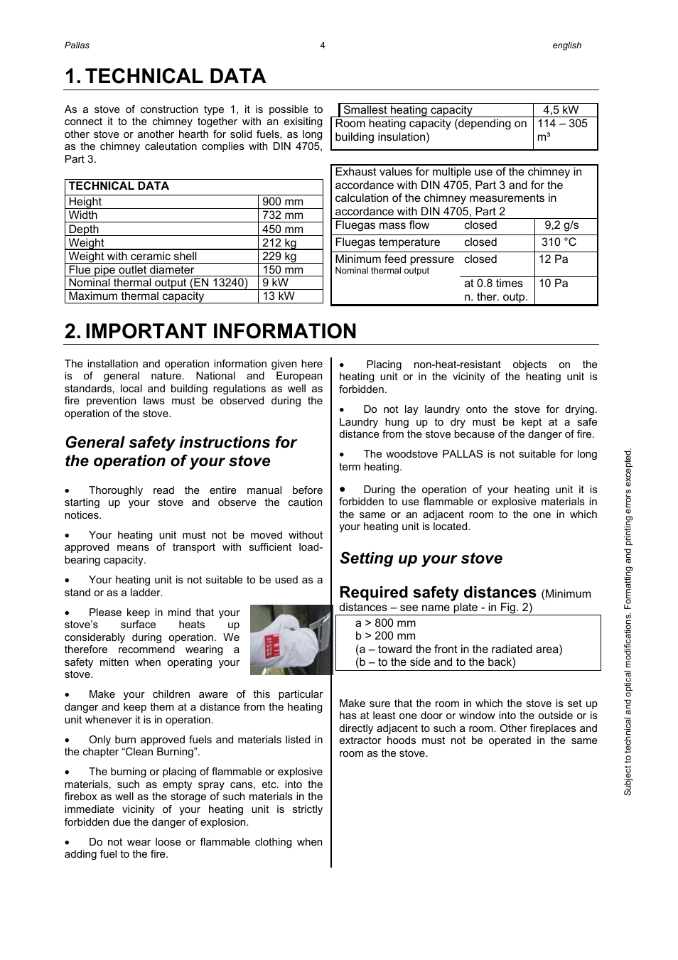 Technical data, Important information, Setting up your stove | Required safety distances | Austroflamm Pallas User Manual | Page 6 / 16