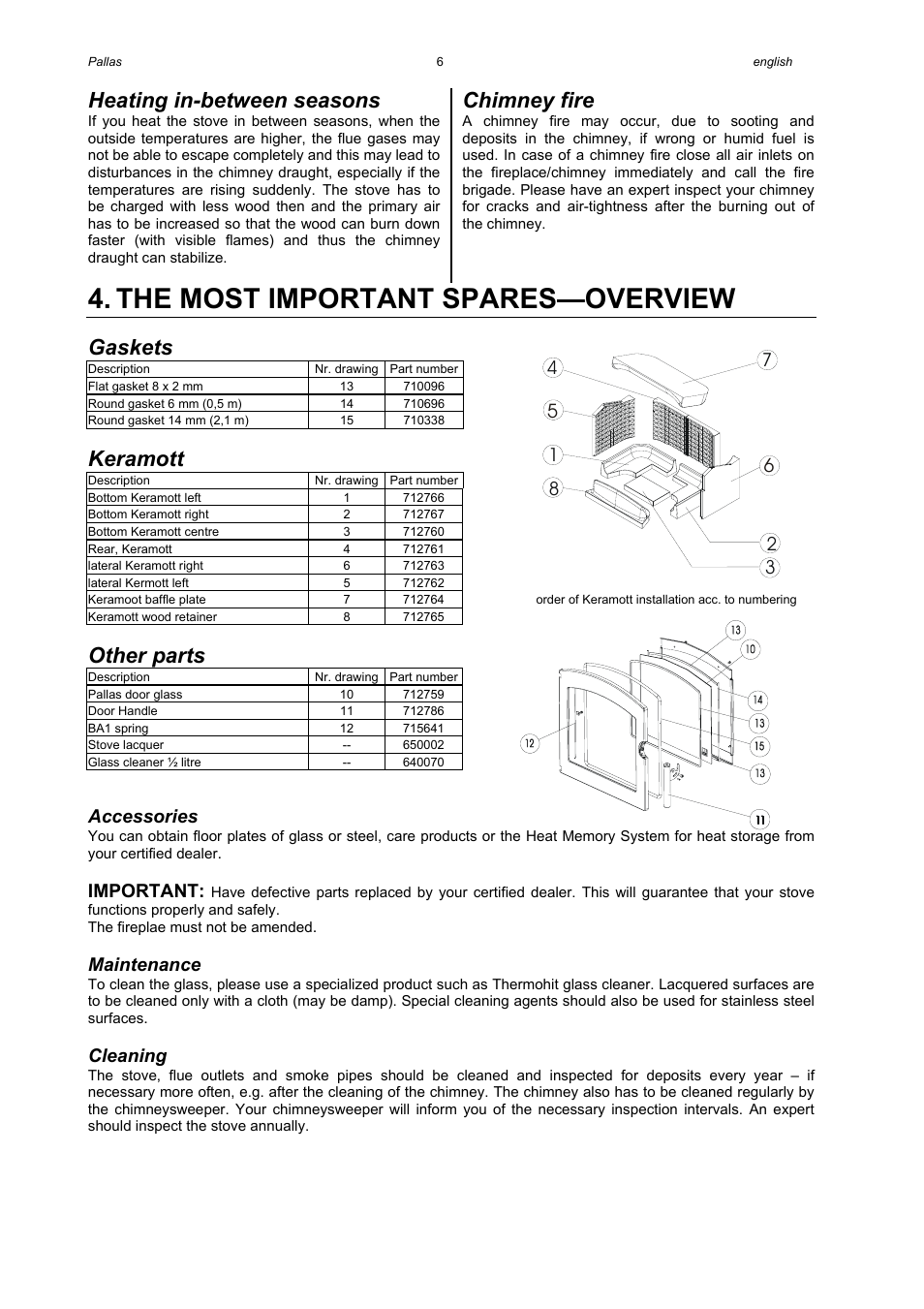 The most important spares—overview, Heating in-between seasons, Chimney fire | Gaskets, Keramott, Other parts, Accessories, Important, Maintenance, Cleaning | Austroflamm Pallas User Manual | Page 8 / 16