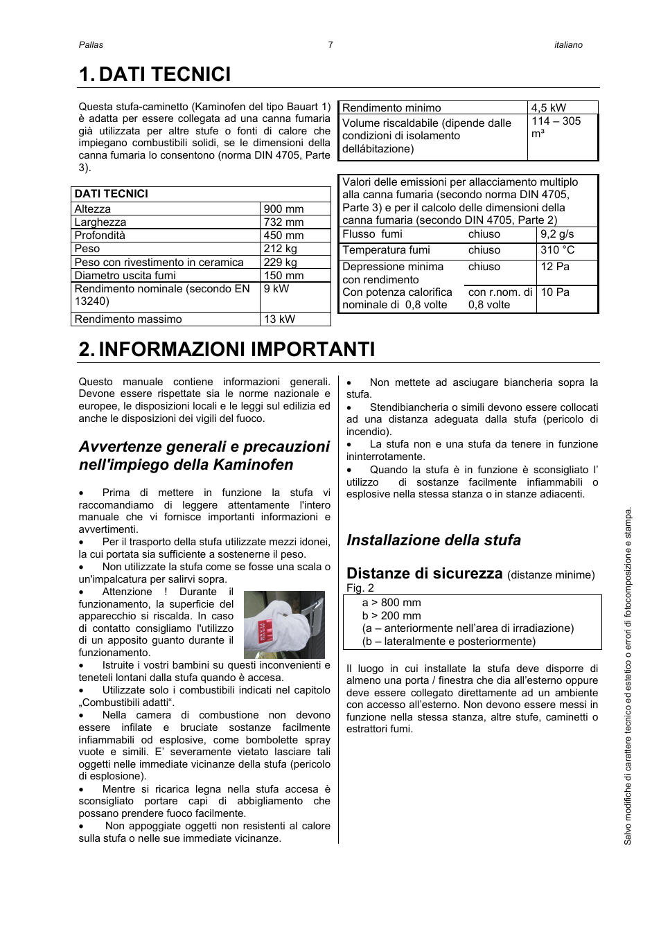 Dati tecnici, Informazioni importanti, Installazione della stufa | Distanze di sicurezza | Austroflamm Pallas User Manual | Page 9 / 16