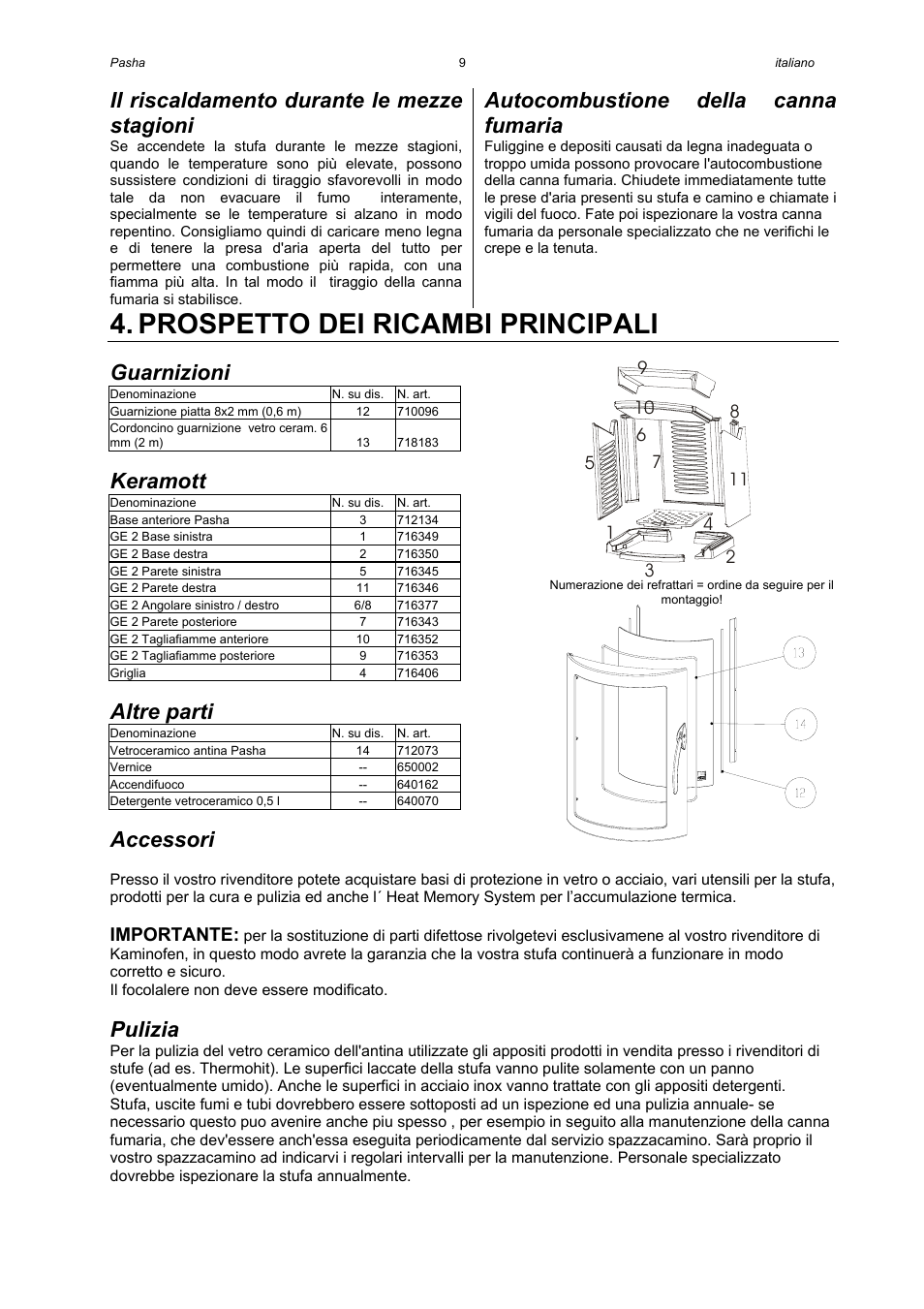 Prospetto dei ricambi principali, Il riscaldamento durante le mezze stagioni, Autocombustione della canna fumaria | Guarnizioni, Keramott, Altre parti, Accessori, Pulizia, Importante | Austroflamm Pasha User Manual | Page 11 / 16